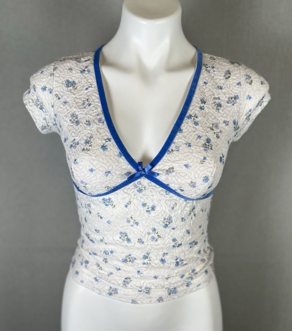 Y2K Self Esteem Babydoll Top Size S Floral Sheer Mesh Lace Coquette White Blue